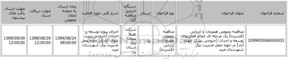 مناقصه عمومی همزمان با ارزیابی (فشرده) یک مرحله ای انجام فعالیتهای  توسعه و احداث  (خروجی پست جهان آباد)                در حوزه عمل  مدیریت برق شهرستان میبد 