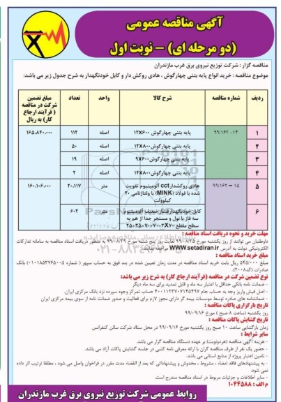 مناقصه خرید انواع پایه بتنی چهارگوش، هادی و روکش دار و کابل خودنگهدار 