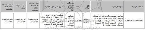 مناقصه عمومی یک مرحله ای عملیات اجرایی احداث شبکه  روشنایی  و رفع حریم شبکه 20 کیلوولت شهرک صنعتی لالجین و شبکه 20 کیلوولت شهرک صنعتی لالجین 2 