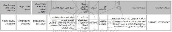 مناقصه عمومی یک مرحله ای انجام امور حمل و نقل و خدمات عمومی ساختمانهای اداری و جنبی شرکت شهرکهای صنعتی استان همدان