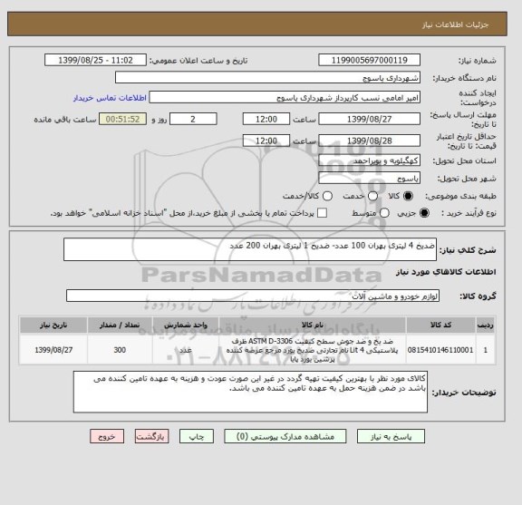 استعلام ضدیخ 4 لیتری بهران 100 عدد- ضدیخ 1 لیتری بهران 200 عدد