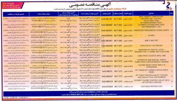 مناقصه، مناقصه SEAT GASKET / PARTS FOR/  و...نوبت دوم 