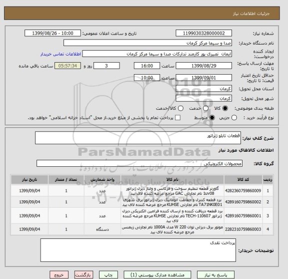 استعلام قطعات تابلو ژنراتور 