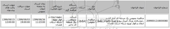 مناقصه عمومی یک مرحله ای آچار کشی ،جوشکاری ورنگ آمیزی پیچ و مهره دکلهای خطوط انتقال و فوق توزیع شبکه استان  همدان