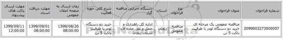 مناقصه عمومی یک مرحله ای خرید دو دستگاه لودر با ظرفیت باکت 5 تن 