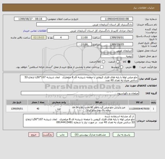 استعلام جلو مبلی لوله با پایه های فلزی کرومی با صفحه شیشه ای 8 میلمتری   ابعاد شیشه 107*50با ارتفاع 53 سانتی متری به تعداد 40 عدد