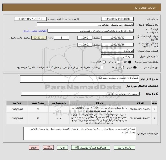 استعلام شیرآلات و جامایعی سرویس بهداشتی 