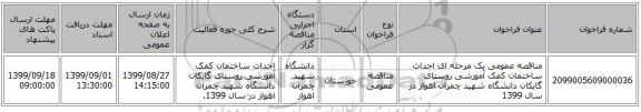 مناقصه عمومی یک مرحله ای  احداث ساختمان کمک آموزشی روستای گایکان دانشگاه شهید چمران اهواز در سال 1399 