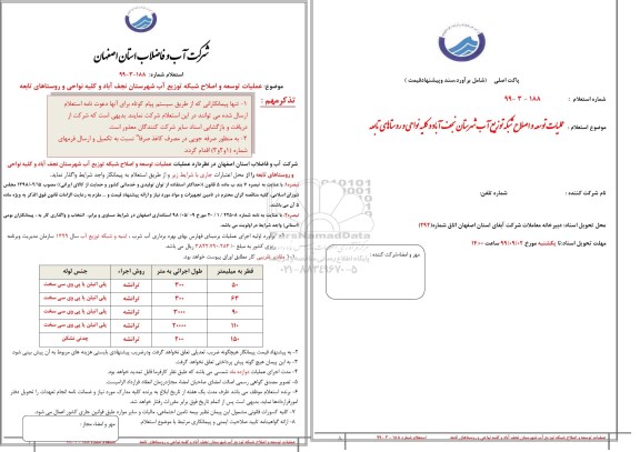 استعلام, استعلام عملیات توسعه و اصلاح شبکه توزیع آب شهرستان