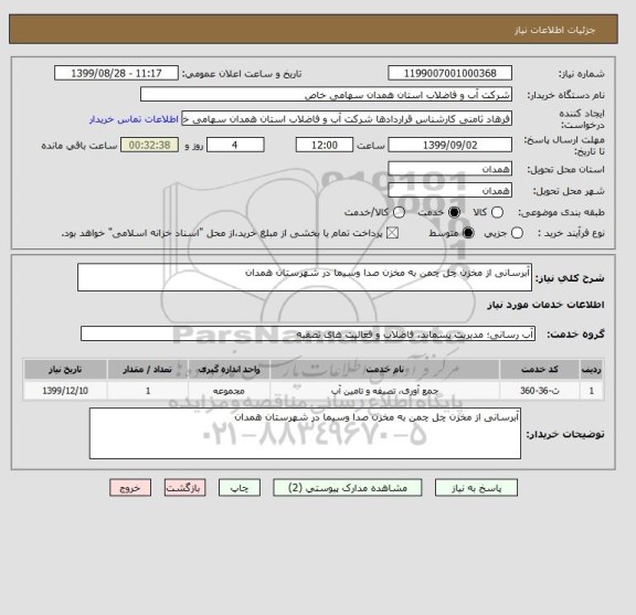 استعلام آبرسانی از مخزن چل چمن به مخزن صدا وسیما در شهرستان همدان