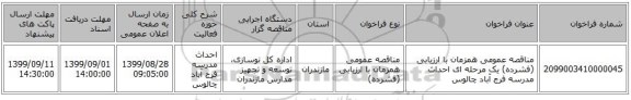 مناقصه عمومی همزمان با ارزیابی (فشرده) یک مرحله ای احداث مدرسه فرج آباد چالوس