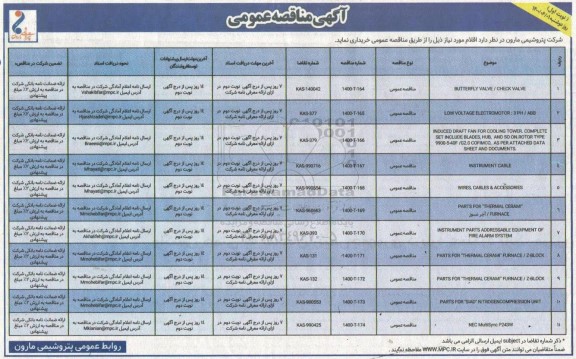 مناقصه BUTTERFLY VALVE/CHECK VALVE و...