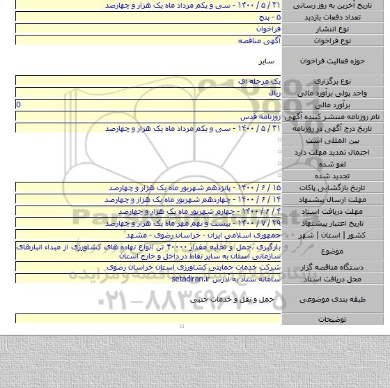 بارگیری ٬حمل و تخلیه مقدار ۴۰۰۰۰ تن انواع نهاده های کشاورزی از مبداء انبارهای سازمانی استان به سایر نقاط در داخل و خارج استان