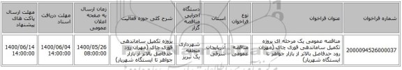 مناقصه عمومی یک مرحله ای پروژه تکمیل ساماندهی قوری چای (مهران رود حدفاصل بالاتر از بازار جواهر تا ایستگاه شهریار) 