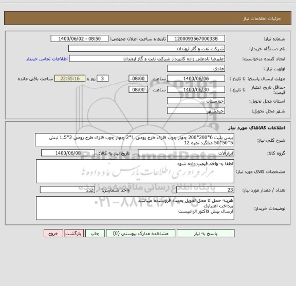 استعلام بیس پلیت 6*200*200 چهار چوب فلزی طرح رومی 1*2 چهار چوب فلزی طرح رومی 2*1.5 نبش 5*50*50 میلگرد نمره 12