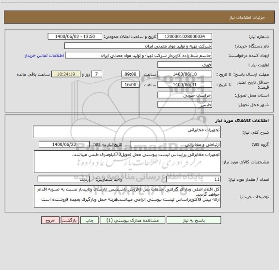 استعلام تجهیزات مخابراتی