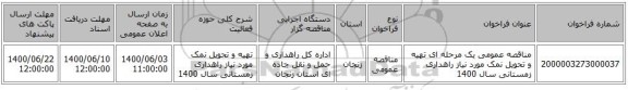 مناقصه عمومی یک مرحله ای تهیه و تحویل نمک مورد نیاز راهداری زمستانی سال 1400