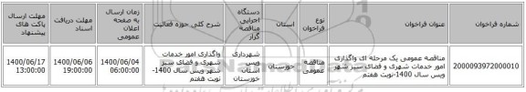 مناقصه عمومی یک مرحله ای واگذاری امور خدمات شهری و فضای سبز شهر ویس سال 1400-نوبت هفتم