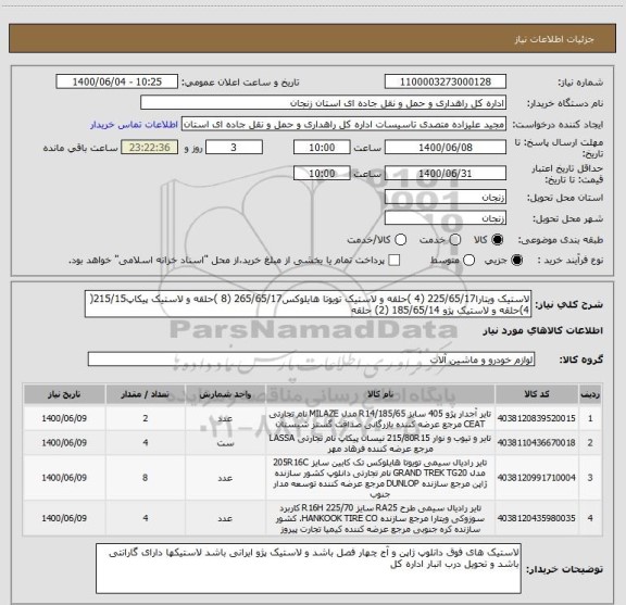 استعلام لاستیک ویتارا225/65/17 (4 )حلقه و لاستیک تویوتا هایلوکس265/65/17 (8 )حلقه و لاستیک پیکاپ215/15( 4)حلقه و لاستیک پژو 185/65/14 (2) حلقه 