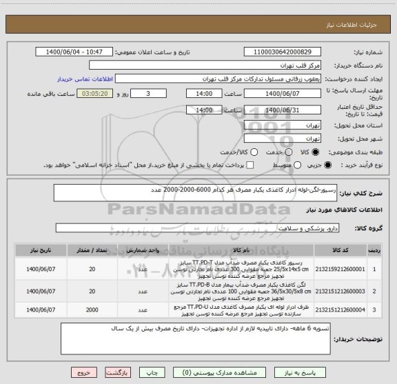 استعلام رسیور-لگن-لوله ادرار کاغذی یکبار مصرف هر کدام 6000-2000-2000 عدد