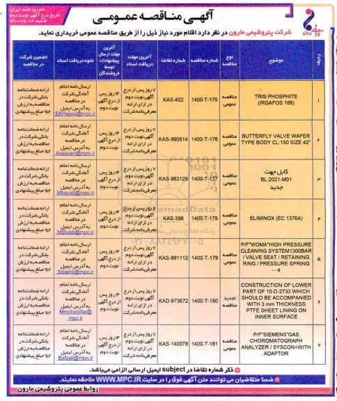 مناقصه، مناقصه TRIS PHOSPHITE (IRGAFOS 168) و...- نوبت دوم 