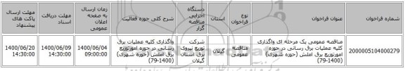 مناقصه عمومی یک مرحله ای واگذاری کلیه عملیات برق رسانی در حوزه امورتوزیع برق املش (حوزه شهری) (1400-79)