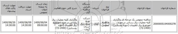 مناقصه عمومی یک مرحله ای واگذاری کلیه عملیات برق رسانی در حوزه امورتوزیع برق لاهیجان (حوزه روستایی) (1400-72)