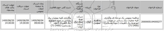 مناقصه عمومی یک مرحله ای واگذاری کلیه عملیات برق رسانی در حوزه امورتوزیع برق لاهیجان (حوزه روستایی) (1400-71)