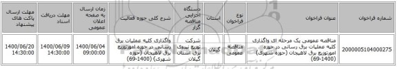 مناقصه عمومی یک مرحله ای واگذاری کلیه عملیات برق رسانی در حوزه امورتوزیع برق لاهیجان (حوزه شهری) (1400-69)