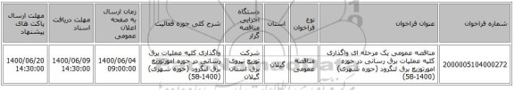 مناقصه عمومی یک مرحله ای واگذاری کلیه عملیات برق رسانی در حوزه امورتوزیع برق لنگرود (حوزه شهری) (1400-58)