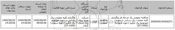 مناقصه عمومی یک مرحله ای واگذاری کلیه عملیات برق رسانی در حوزه امورتوزیع برق لنگرود (حوزه شهری) (1400-57)