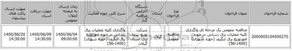 مناقصه عمومی یک مرحله ای واگذاری کلیه عملیات برق رسانی در حوزه امورتوزیع برق لنگرود (حوزه شهری) (1400-56)