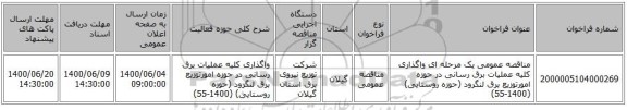 مناقصه عمومی یک مرحله ای واگذاری کلیه عملیات برق رسانی در حوزه امورتوزیع برق لنگرود (حوزه روستایی) (1400-55)