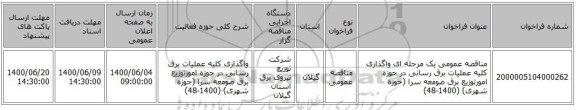 مناقصه عمومی یک مرحله ای واگذاری کلیه عملیات برق رسانی در حوزه امورتوزیع برق صومعه سرا (حوزه شهری) (1400-48)