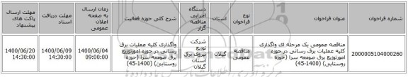 مناقصه عمومی یک مرحله ای واگذاری کلیه عملیات برق رسانی در حوزه امورتوزیع برق صومعه سرا (حوزه روستایی) (1400-45)