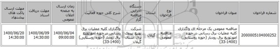 مناقصه عمومی یک مرحله ای واگذاری کلیه عملیات برق رسانی در حوزه امورتوزیع برق رودبار (حوزه روستایی) (1400-33)