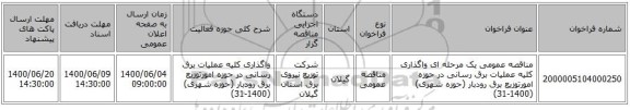 مناقصه عمومی یک مرحله ای واگذاری کلیه عملیات برق رسانی در حوزه امورتوزیع برق رودبار (حوزه شهری) (1400-31)