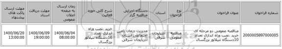 مناقصه عمومی دو مرحله ای خرید ،نصب وراه اندازی تعداد 10دستگاه نتیلاتور بزرگسال