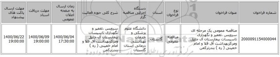 مناقصه عمومی یک مرحله ای سرویس ،تعمیر  و نگهداری تاسیسات  بیمارستان  آل  جلیل ومرکزبهداشت  آق قلا و امام خمینی  ( ره ) بندرترکمن   