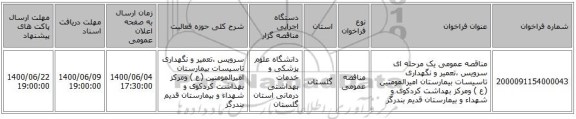 مناقصه عمومی یک مرحله ای سرویس ،تعمیر  و نگهداری تاسیسات بیمارستان امیرالمومنین (ع ) ومرکز بهداشت کردکوی و شهداء و بیمارستان قدیم  بندرگز 