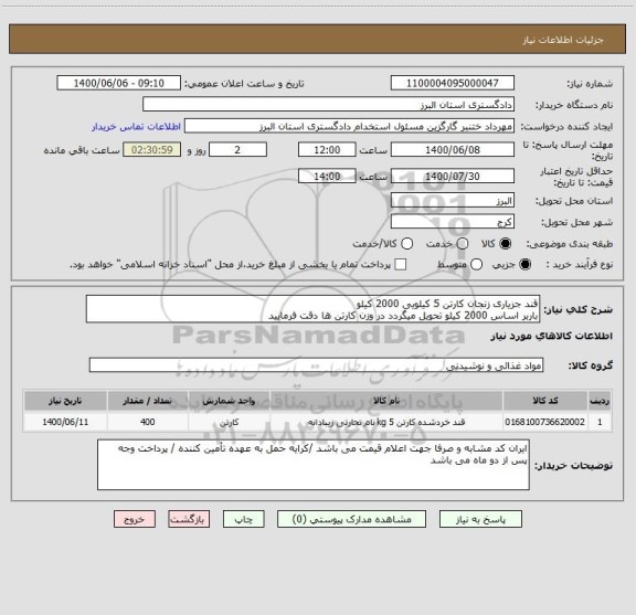 استعلام قند جزیاری زنجان کارتن 5 کیلویی 2000 کیلو 
باربر اساس 2000 کیلو تحویل میگردد در وزن کارتن ها دقت فرمایید