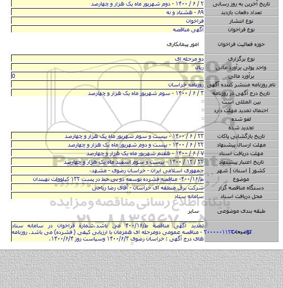 ط/۴۰۰/۱۶- مناقصه فشرده توسعه دو بی خط در پست ۱۳۲ کیلوولت نهبندان