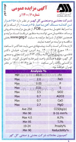 مناقصه، مناقصه فروش 65 هزار تن گندله سنگ آهن با عیار 65 درصد - نوبت دوم 