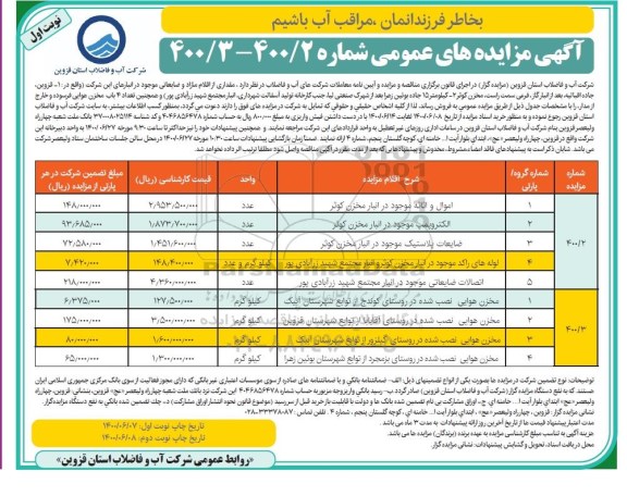 مزایده عمومی اموال و اثاثه موجود در انبار و...