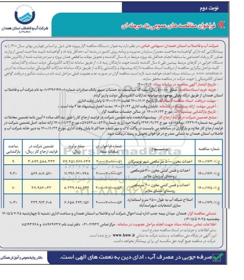 فراخوان،فراخوان مناقصه های عمومی احداث مخزن 5000 مترمکعبی و...- نوبت دوم 