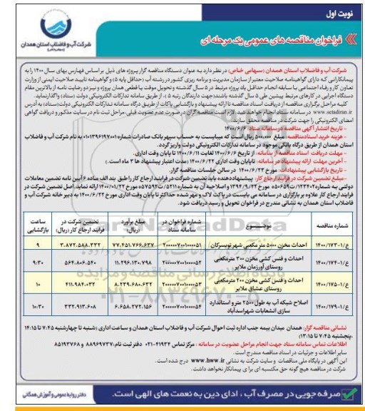 فراخوان مناقصه احداث مخزن 5000 مترمکعبی و... 