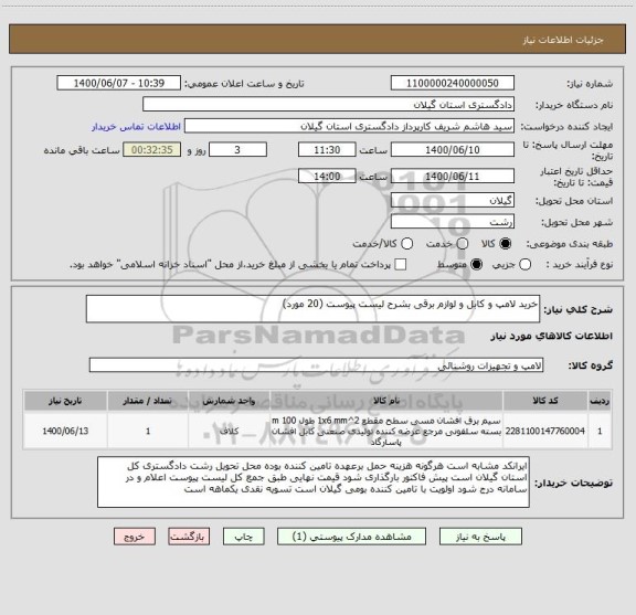 استعلام خرید لامپ و کابل و لوازم برقی بشرح لیست پیوست (20 مورد)