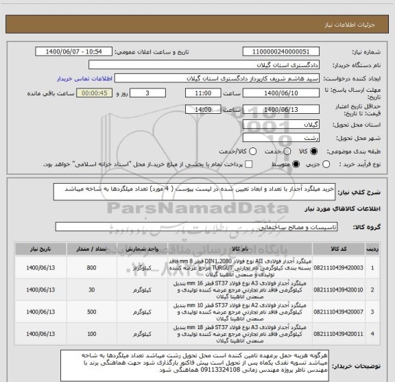 استعلام خرید میلگرد آجدار با تعداد و ابعاد تعیین شده در لیست پیوست ( 4 مورد) تعداد میلگردها به شاخه میباشد