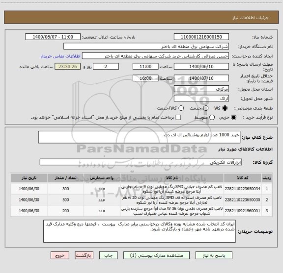 استعلام خرید 1000 عدد لوازم روشنائی ال ای دی