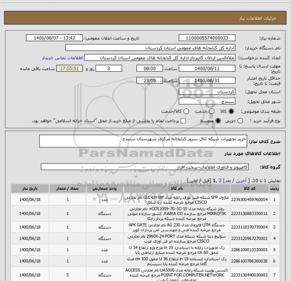 استعلام خرید تجهیزات شیکه اتاق سرور کتابخانه مرکزی شهرستان سنندج